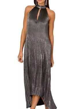 Adrianna Papell Silver Metallic Halter High-Low Pleated Dress